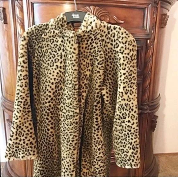 Dennis Basso Faux Fur Leopard Print Hooded Coat Oversized Small